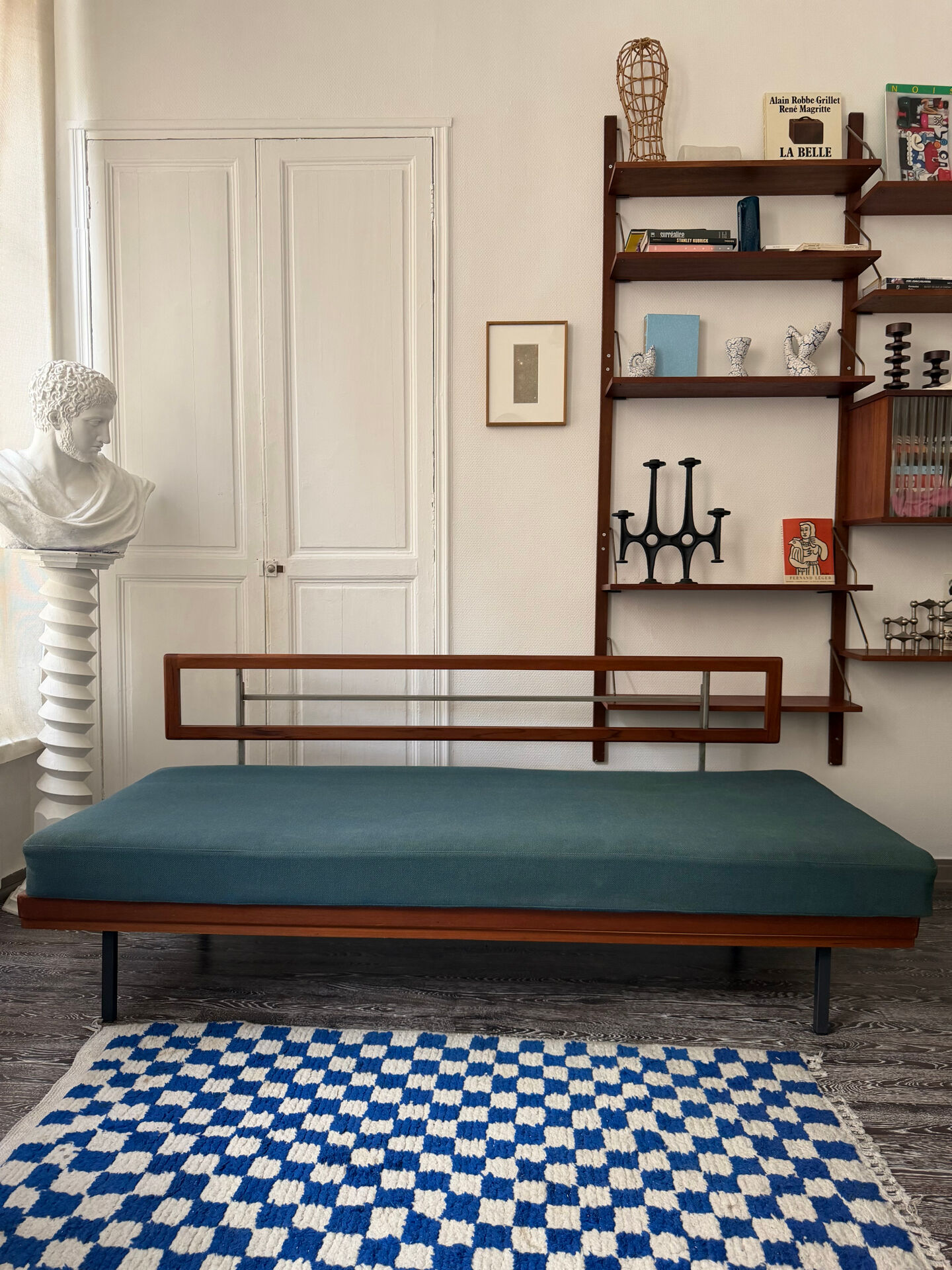 Vintage wooden sofa – modernist design, green mottled fabric