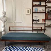 Vintage wooden sofa – modernist design, green patterned fabric