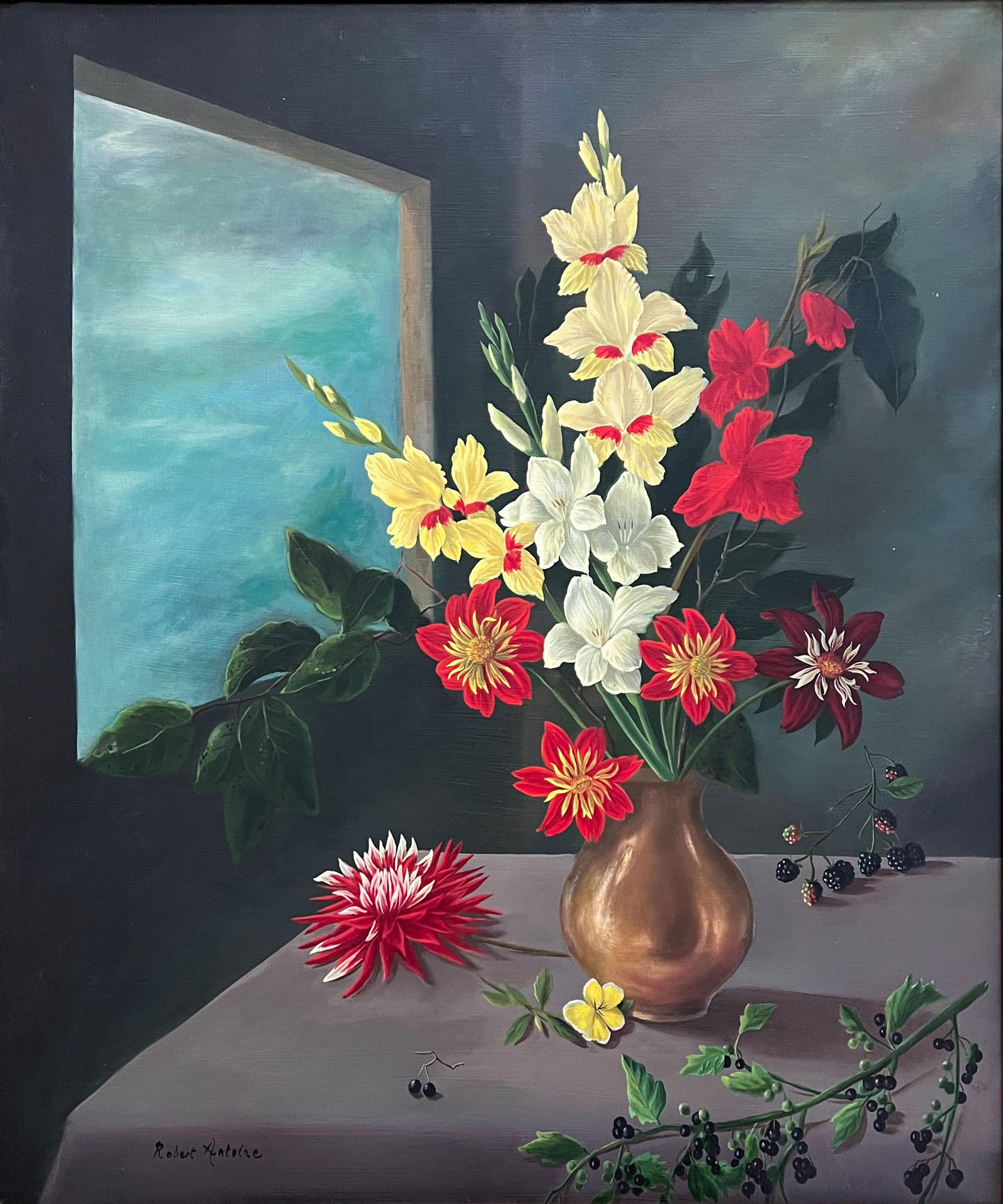 "Bouquet in a vase" oil on canvas still life by Robert Antoine