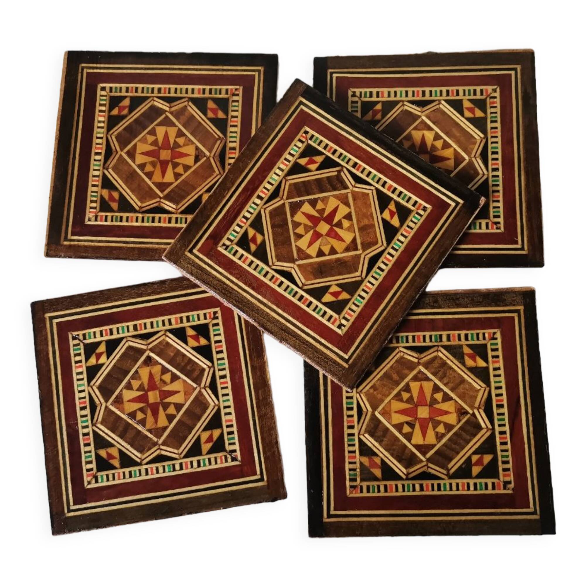 Lot de 5 sous verre bois vintage marqueterie