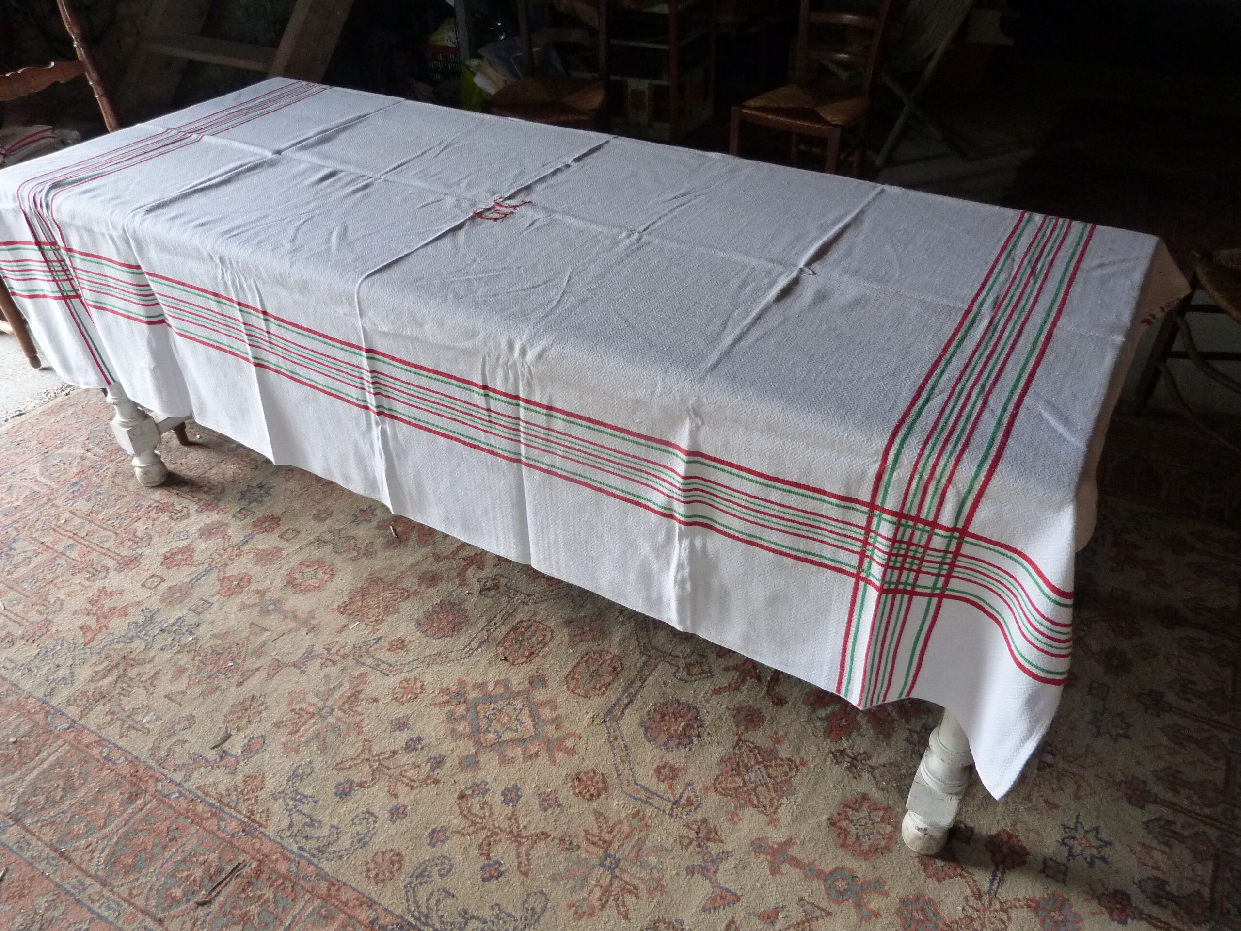 Old tablecloth 1920/1930 linen beige diamonds and red and green stripes + towels
