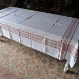 Nappe ancienne 1920/1930 lin beige losanges et rayures rouges et vertes + serviettes
