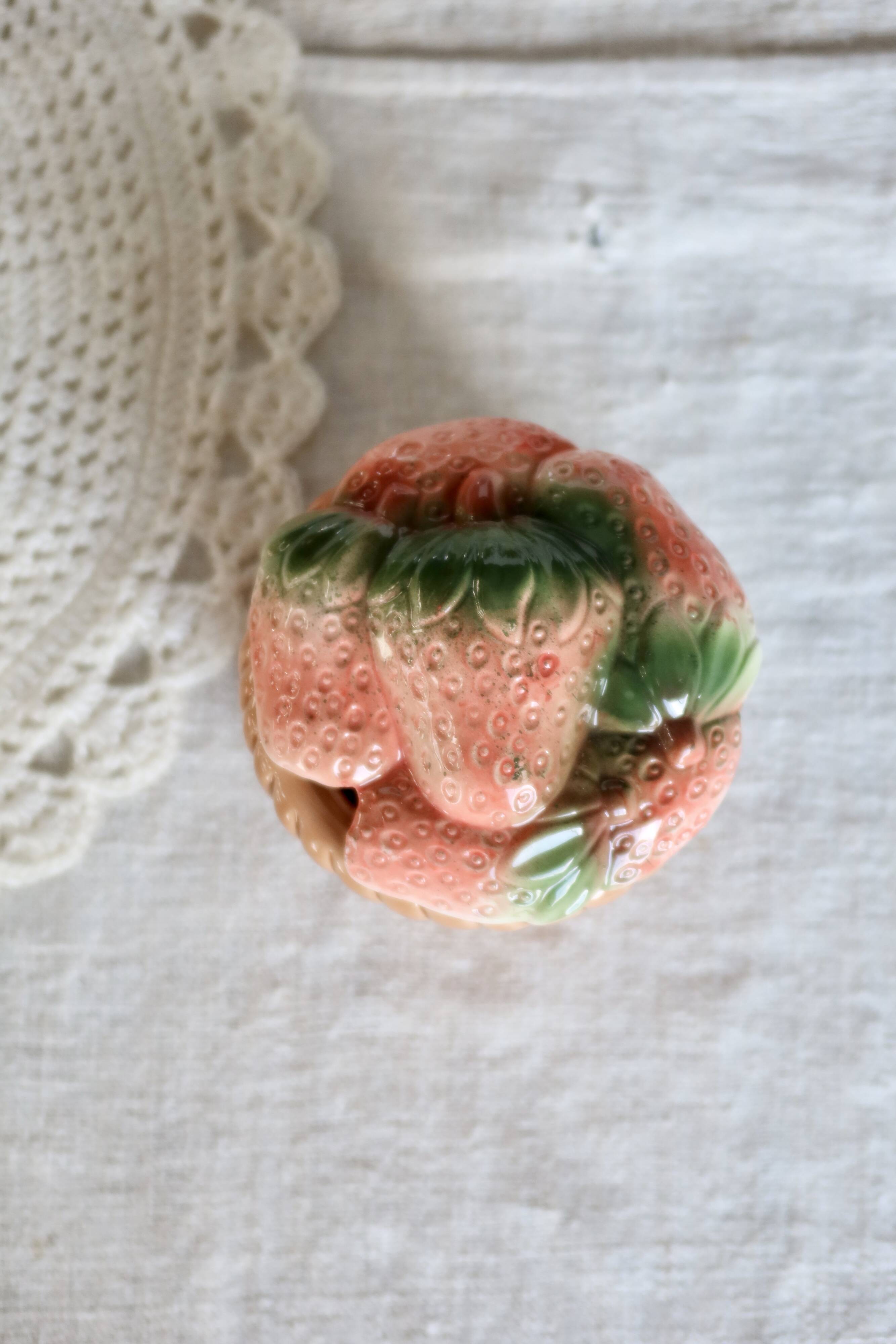 Small vintage ceramic sugar bowl with strawberry motif