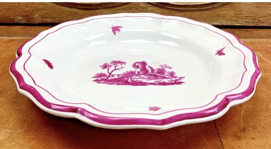 Old round hollow Gien dish, Pink Landscape model, 1938/1960