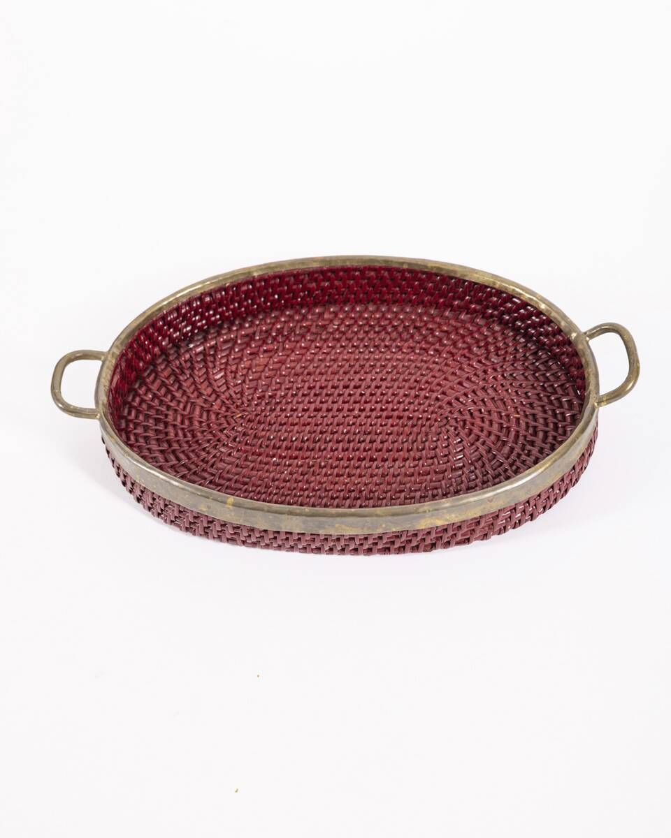 Vintage 1970s Wicker and Brass Tray, Italian Design