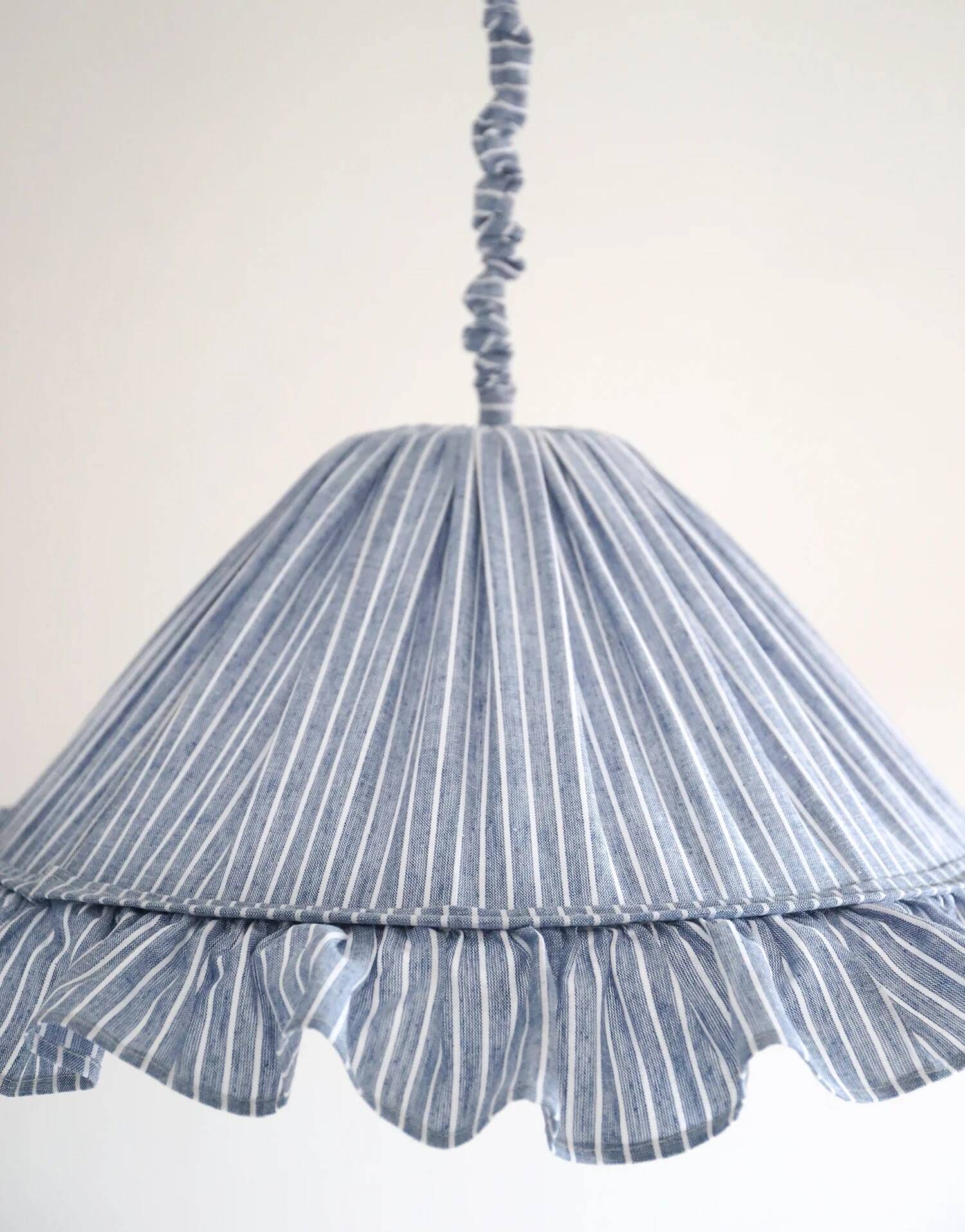 Suspension Emilia, pleated lampshade with frills, blue stripes.