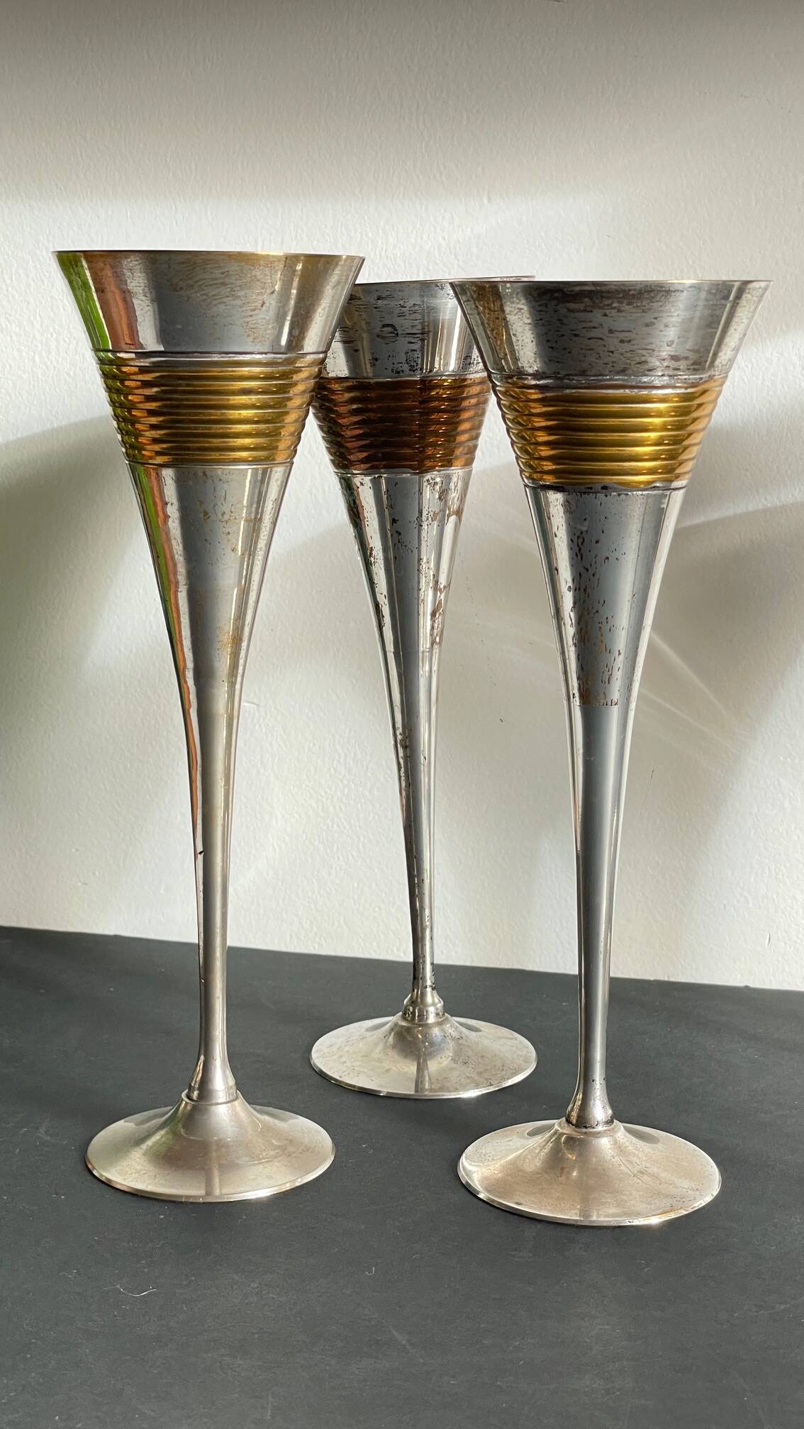 6 Vintage Silver-Plated Brass Champagne Flutes