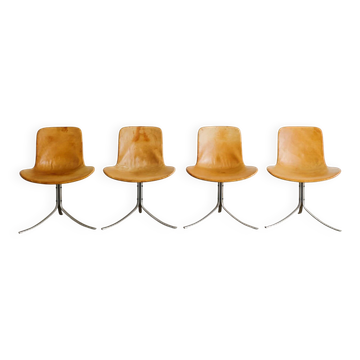 Set of 4 Leather Poul Kjaerholm PK-9 Dining Chairs by Fritz Hansen, 1990s
