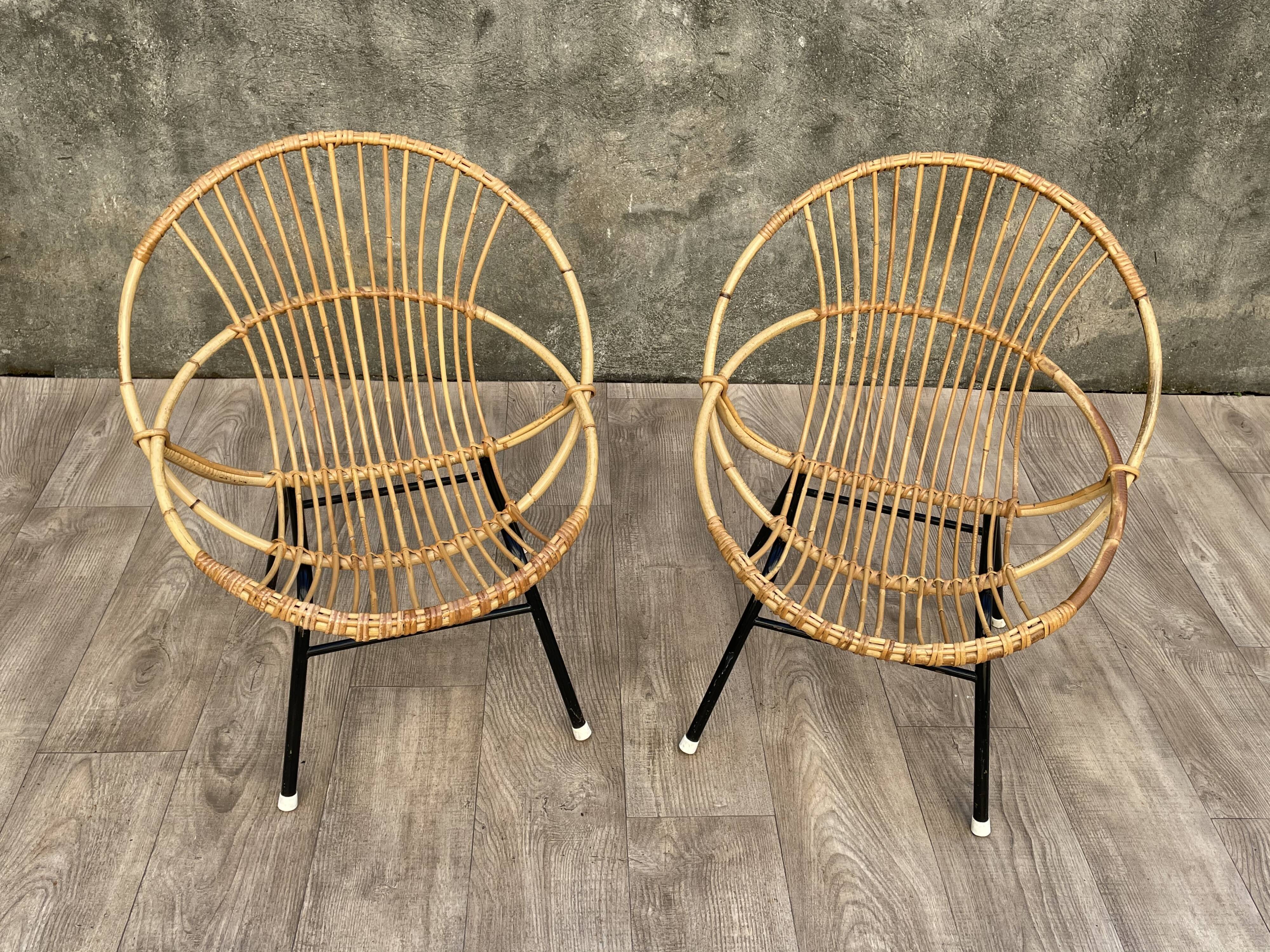 Pair of rattan and metal shell chairs, 1960