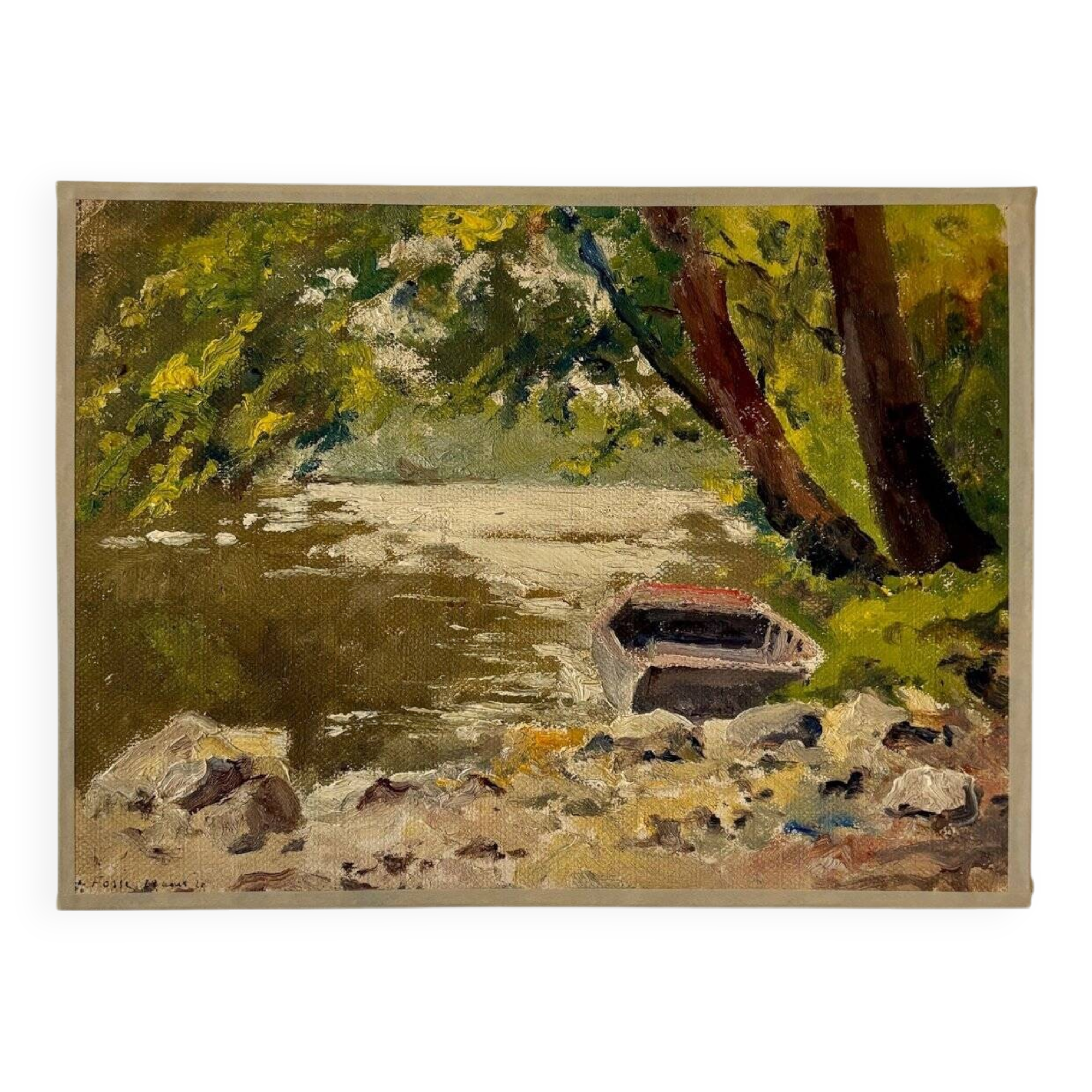 Oil painting on canvas "Forest, river and boat" no. 17