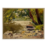Peinture à l'huile sur toile "Forêt, rivière et barque" n°17