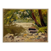 Peinture à l'huile sur toile "Forêt, rivière et barque" n°17