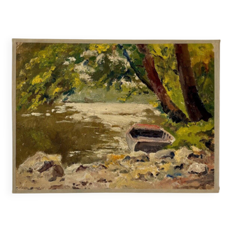 Peinture à l'huile sur toile "Forêt, rivière et barque" n°17