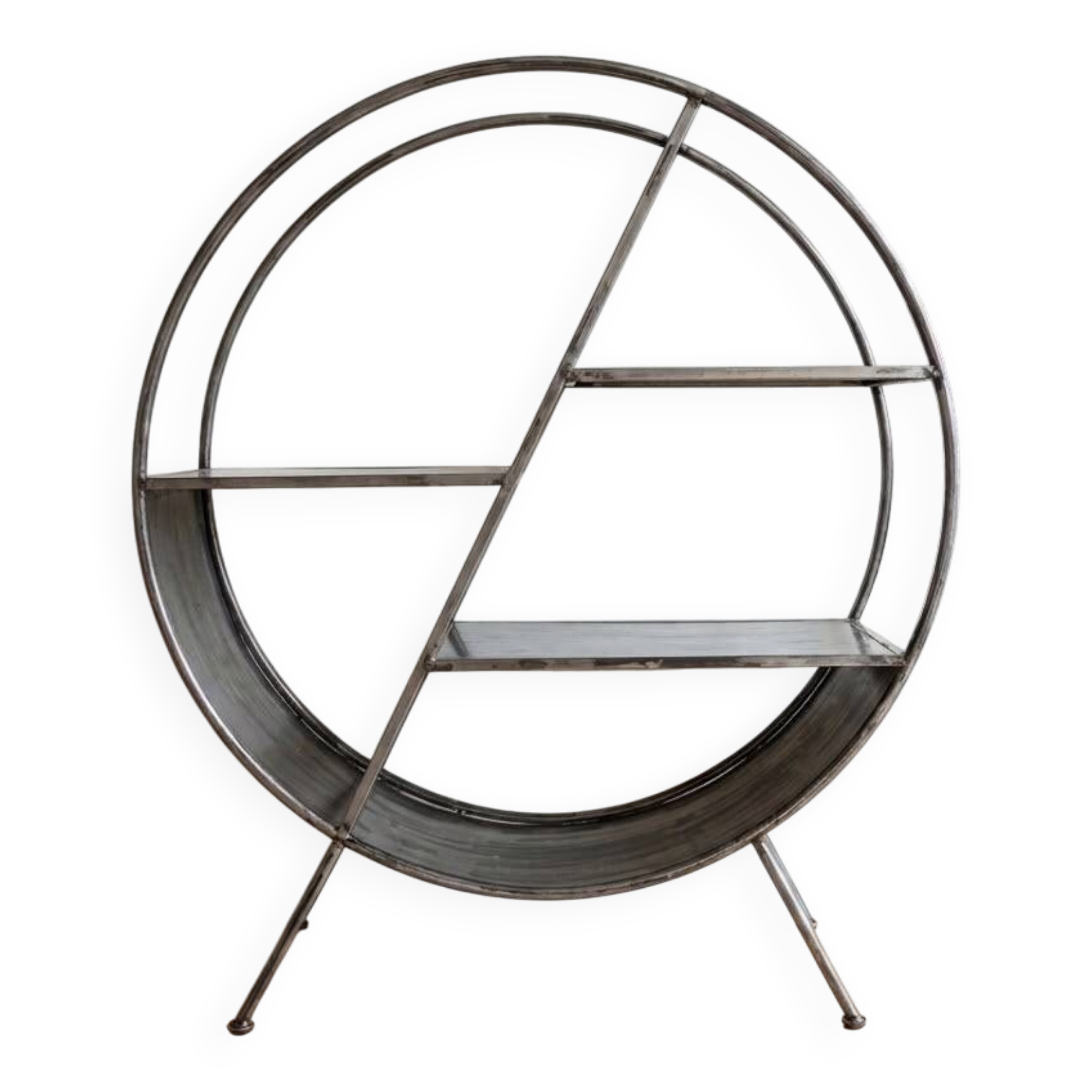 Round shelf on a stand in industrial style made of steel.