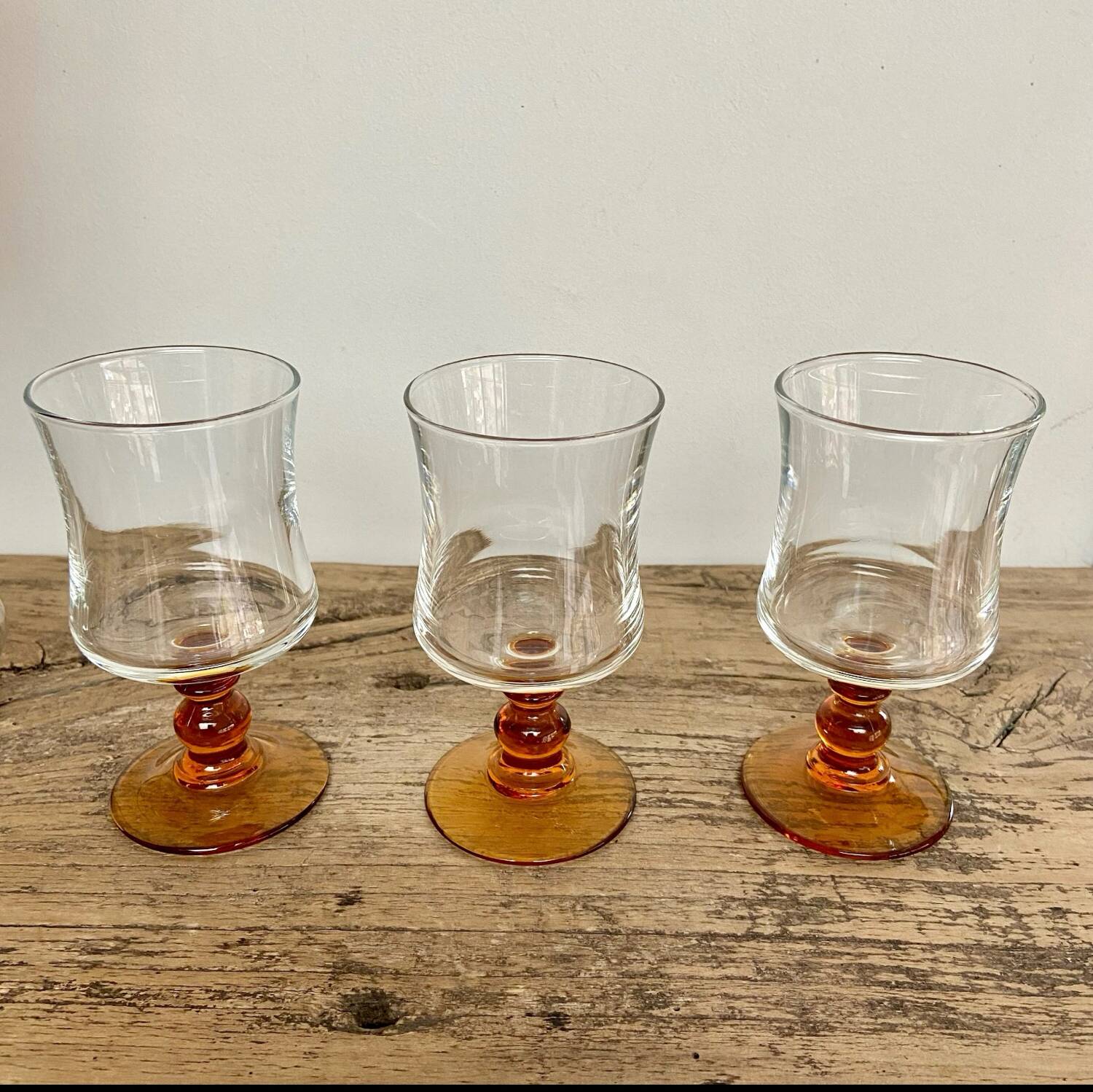 6 small vintage amber stemmed glasses