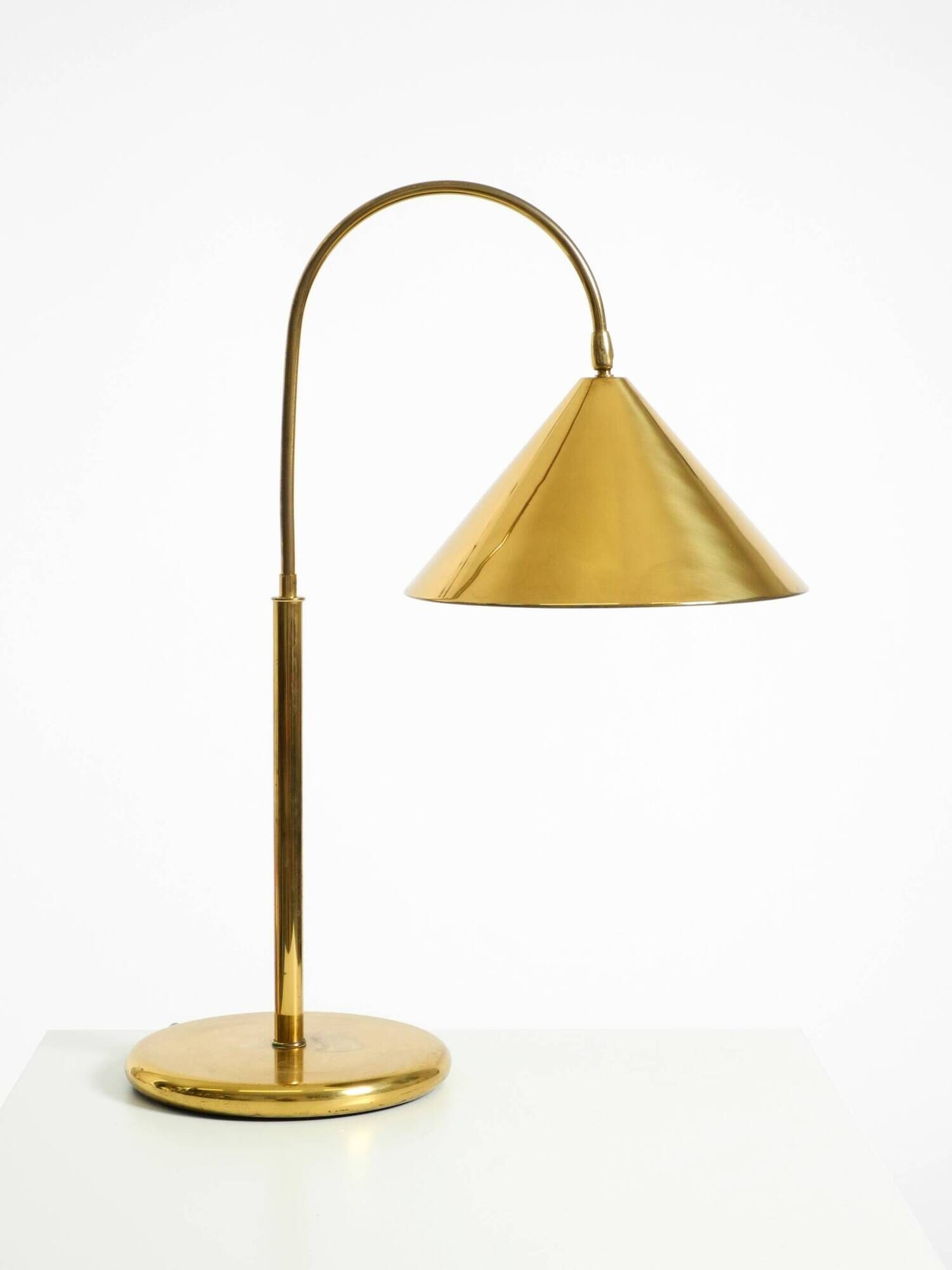 Large original brass table lamp with a conical shade, Mid-Century Modern