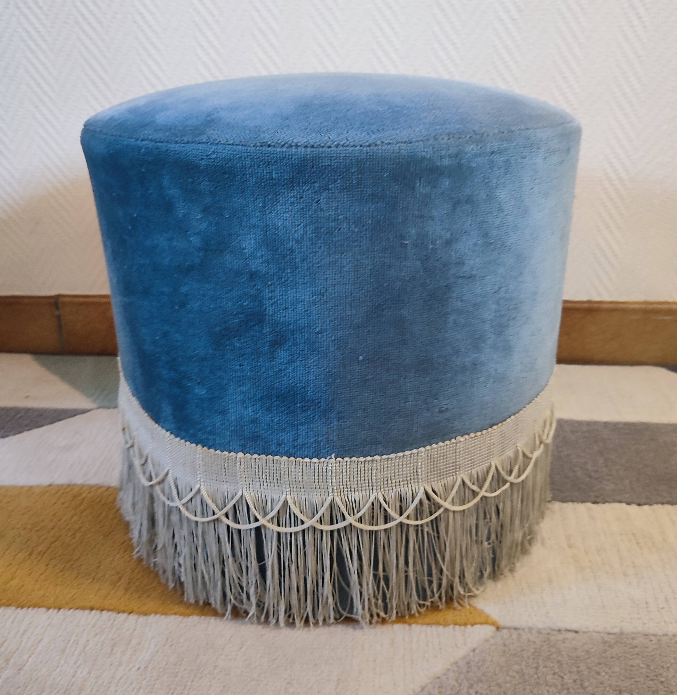 Pair of Crapaud armchairs and a vintage blue velvet pouf