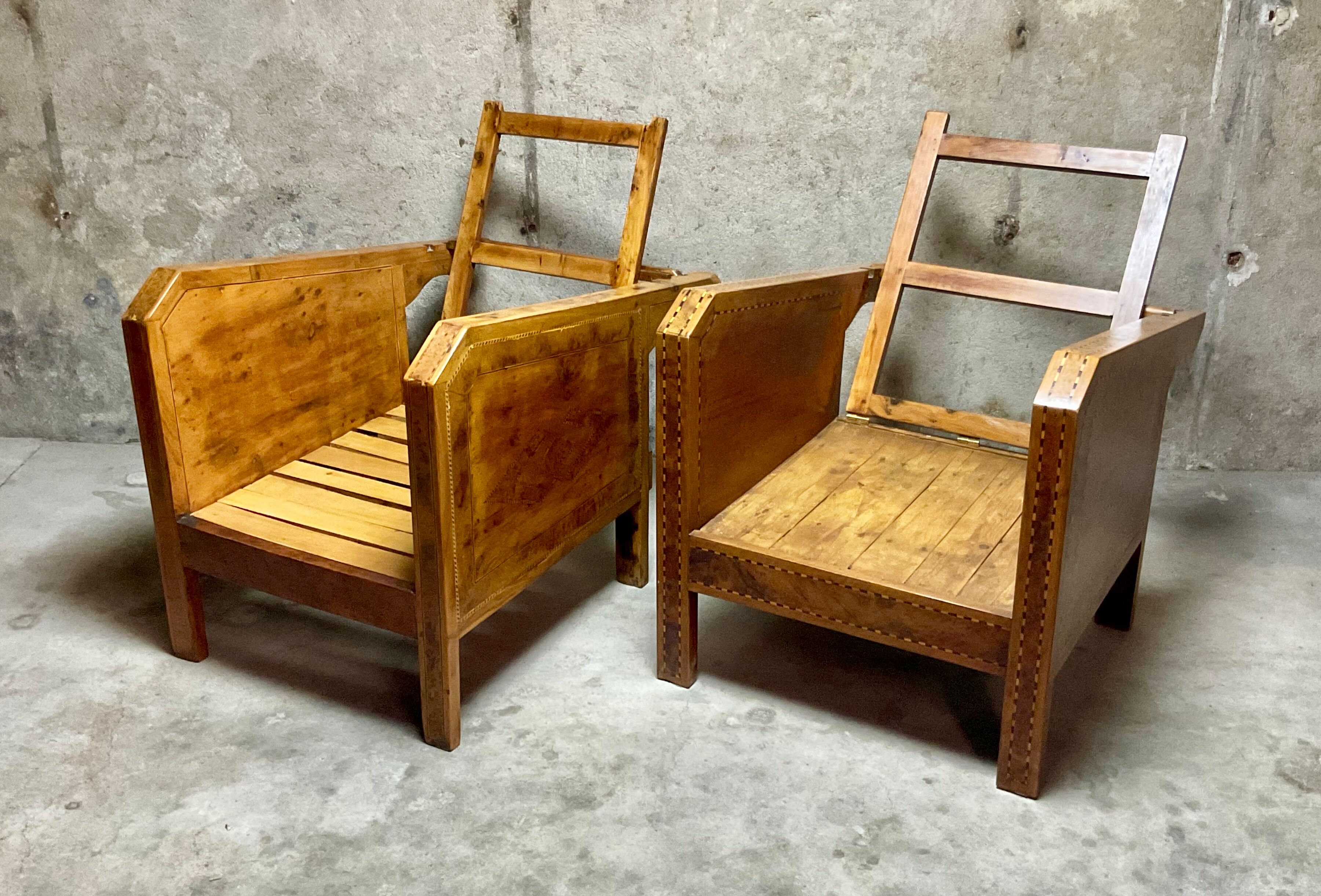 Vintage wooden veranda armchairs with inlaid marquetry 1930s