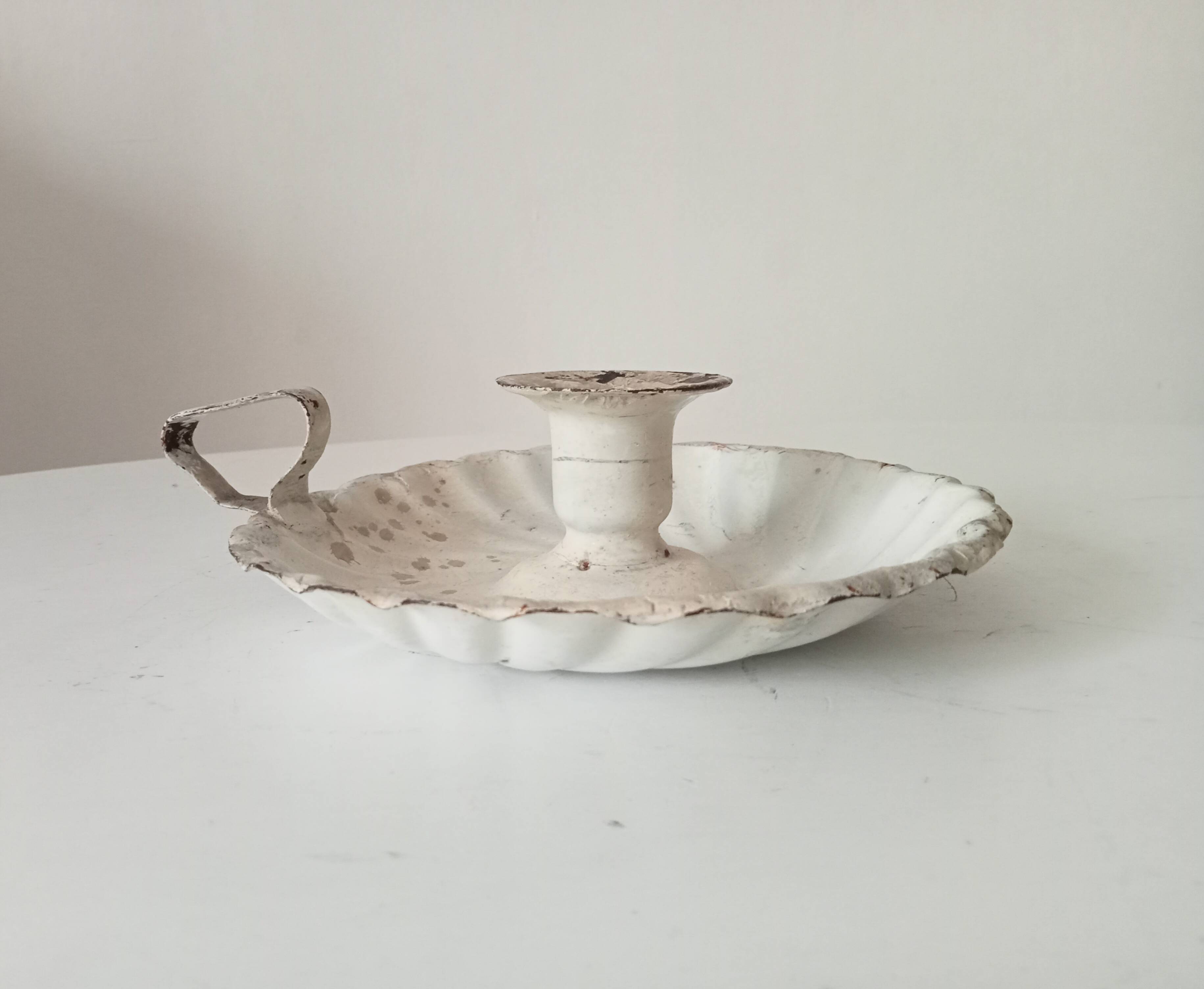 Antique hand candle holder "cellar rat" in enamelled metal
