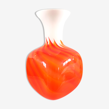 Vase en verre orange et blanc flamme design années 60 - 70