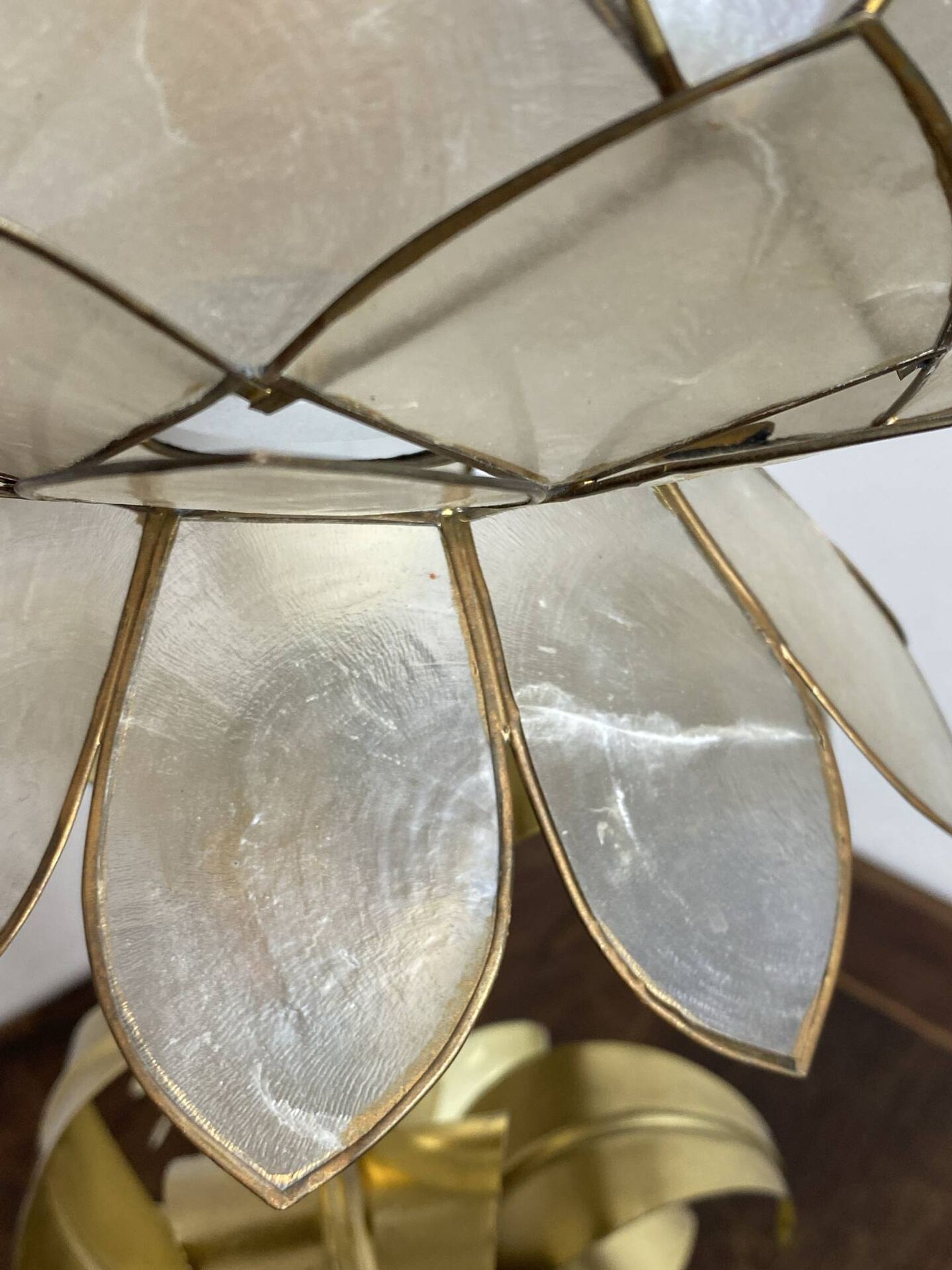 Brass lamp, metal and mother-of-pearl