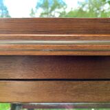 Glass-enclosed old tea table with wooden tray, bronze and brass