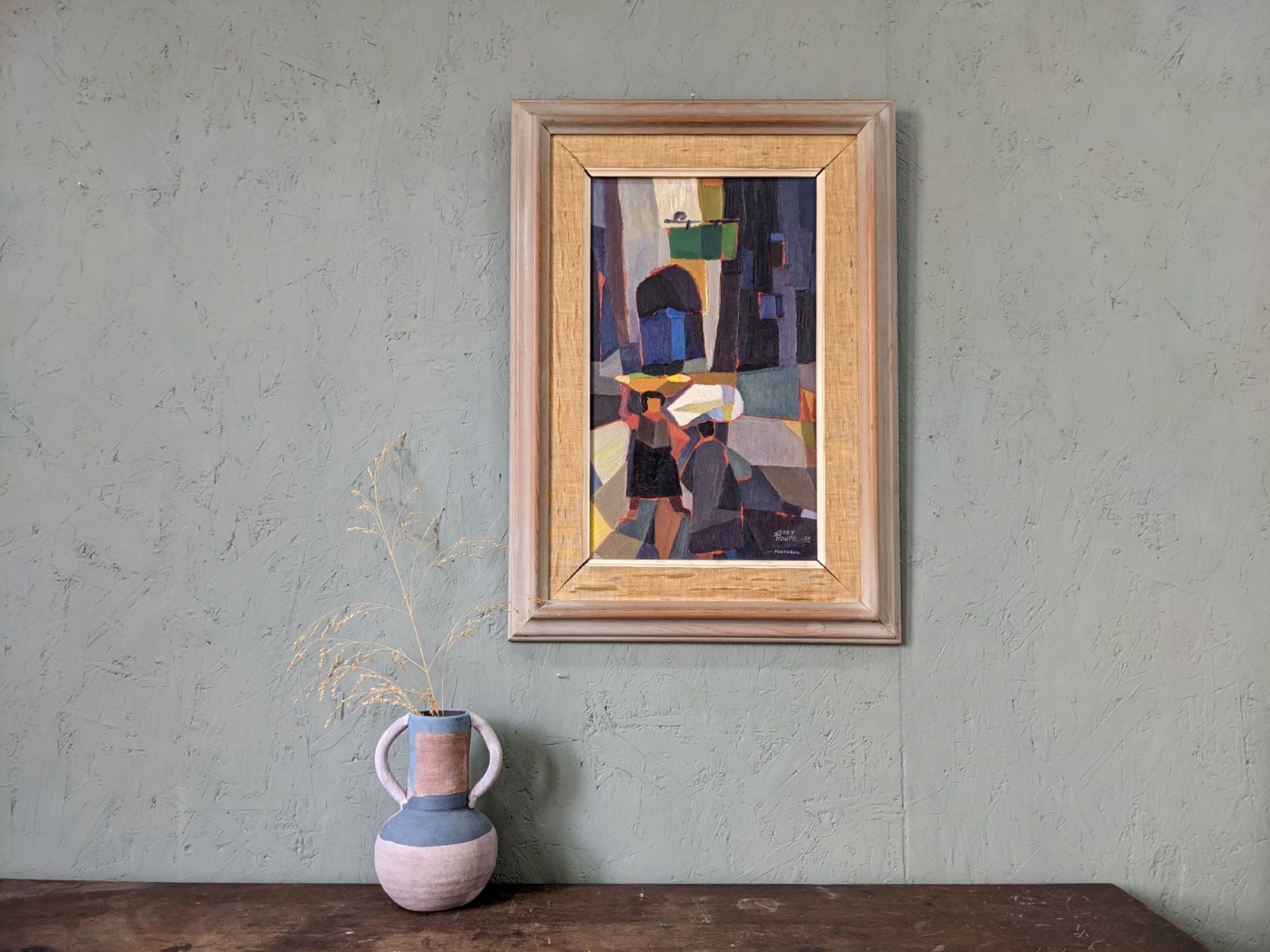 Mid-century modern swedish "streets of portugal" street scene oil painting, framed