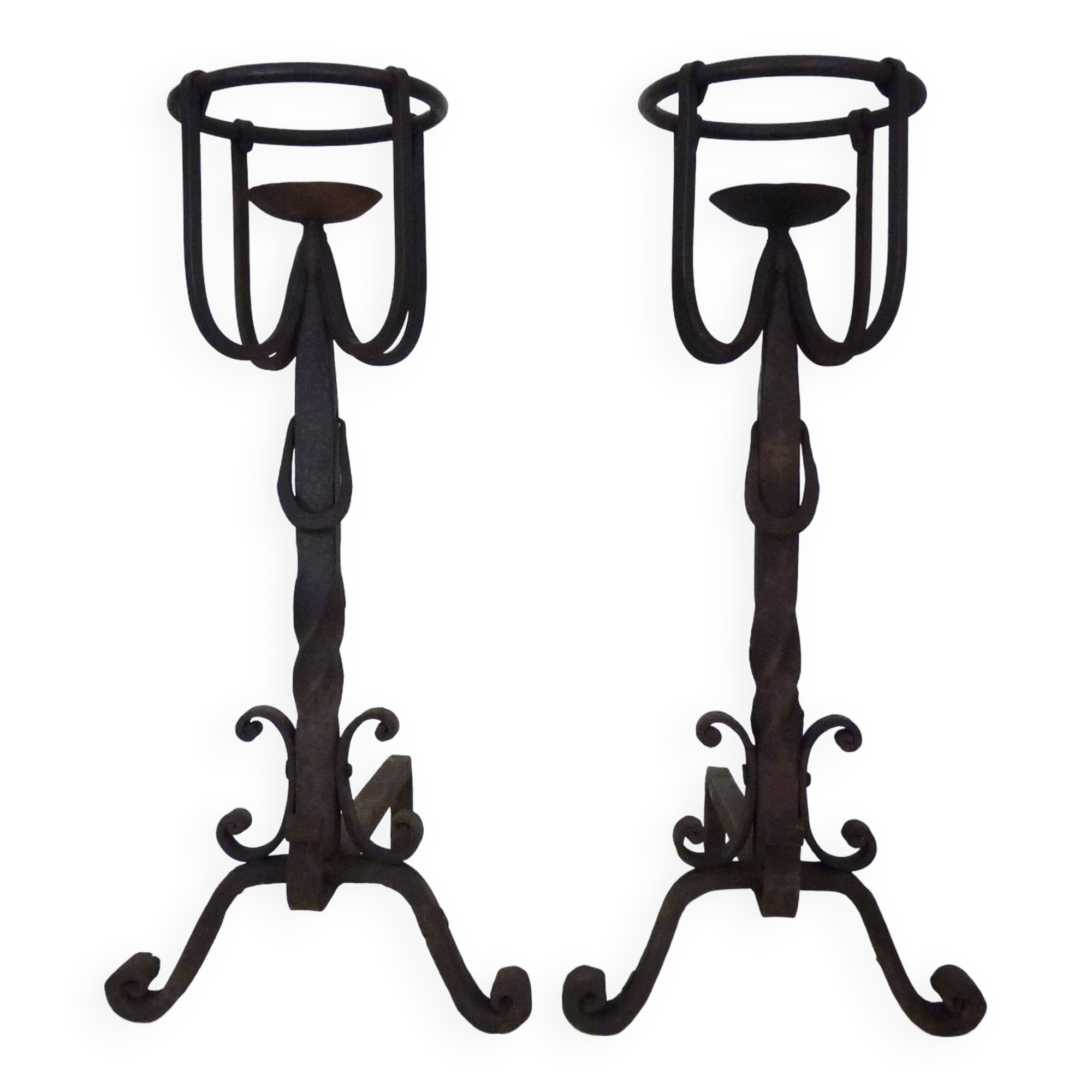 Pair of wrought iron andirons with 19th century fireplace set