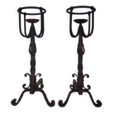 Pair of wrought iron andirons with 19th century fireplace set