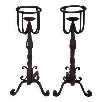 Pair of wrought iron andirons with 19th century fireplace set