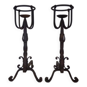 Pair of wrought iron andirons with 19th century fireplace set