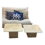 Pair of square nesting coffee tables in white beige travertine marble