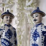 Pair of vintage Chinese blue and white porcelain figurines depicting
