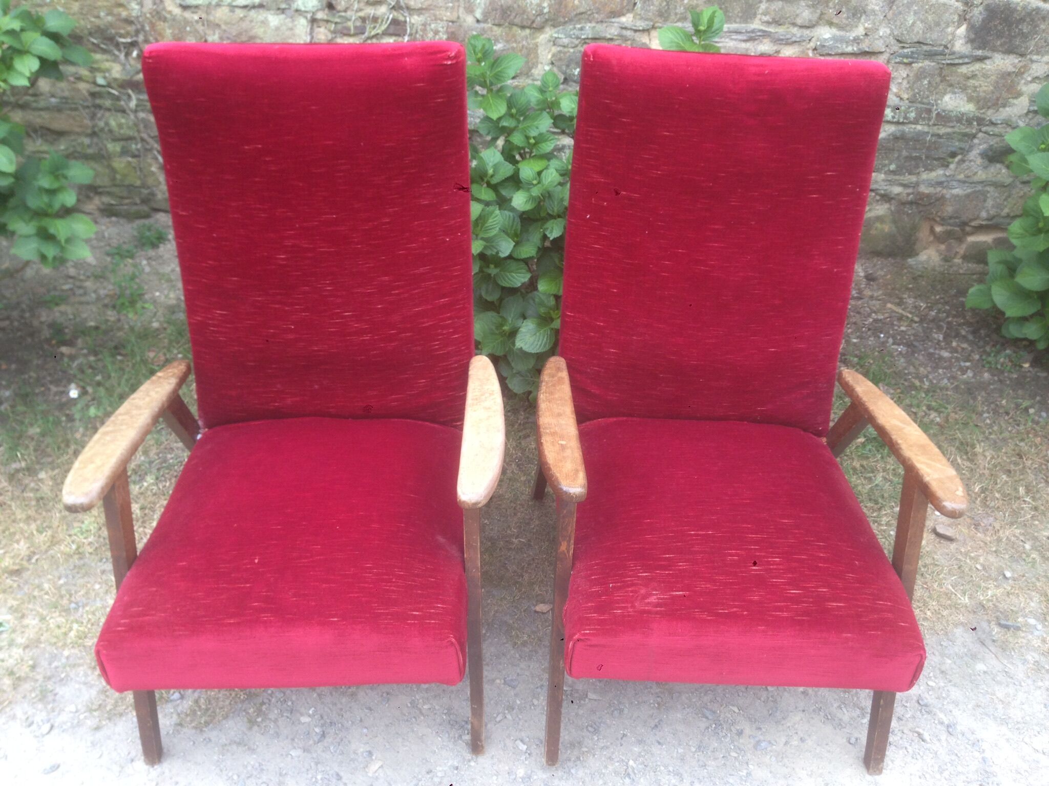 Pair of vintage armchairs with compass legs in beech and velvet.