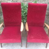 Pair of vintage armchairs with compass legs in beech and velvet.