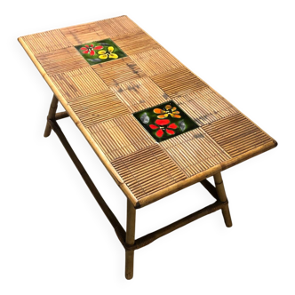 Rattan coffee table with ceramic tiles, 1960s