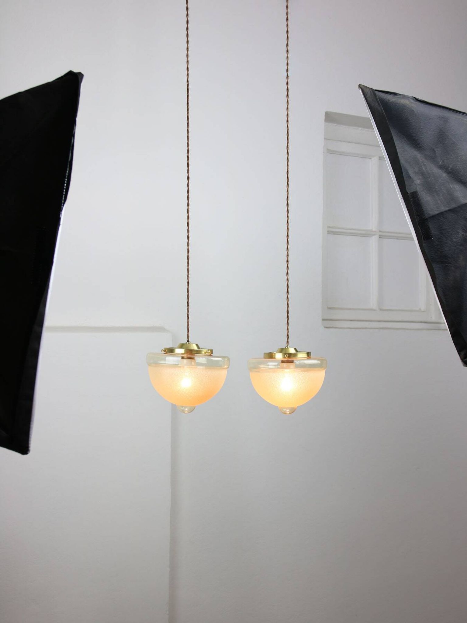Mid-century Italian Brass and Glass Pendant Lamps, set of 2