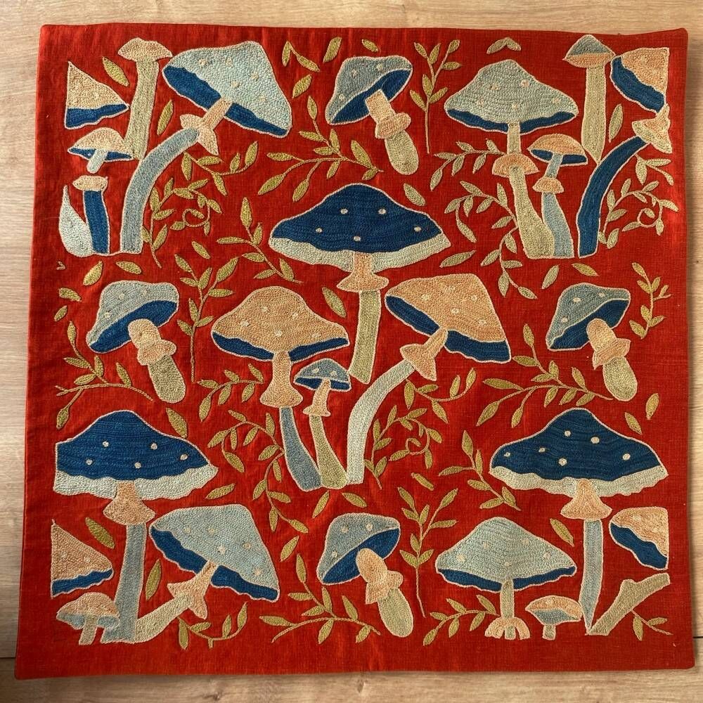 Silk Embroidered Mushroom Pattern Cushion Cover. Red Suzani Throw Pillow Case. Traditional Accent Pillow