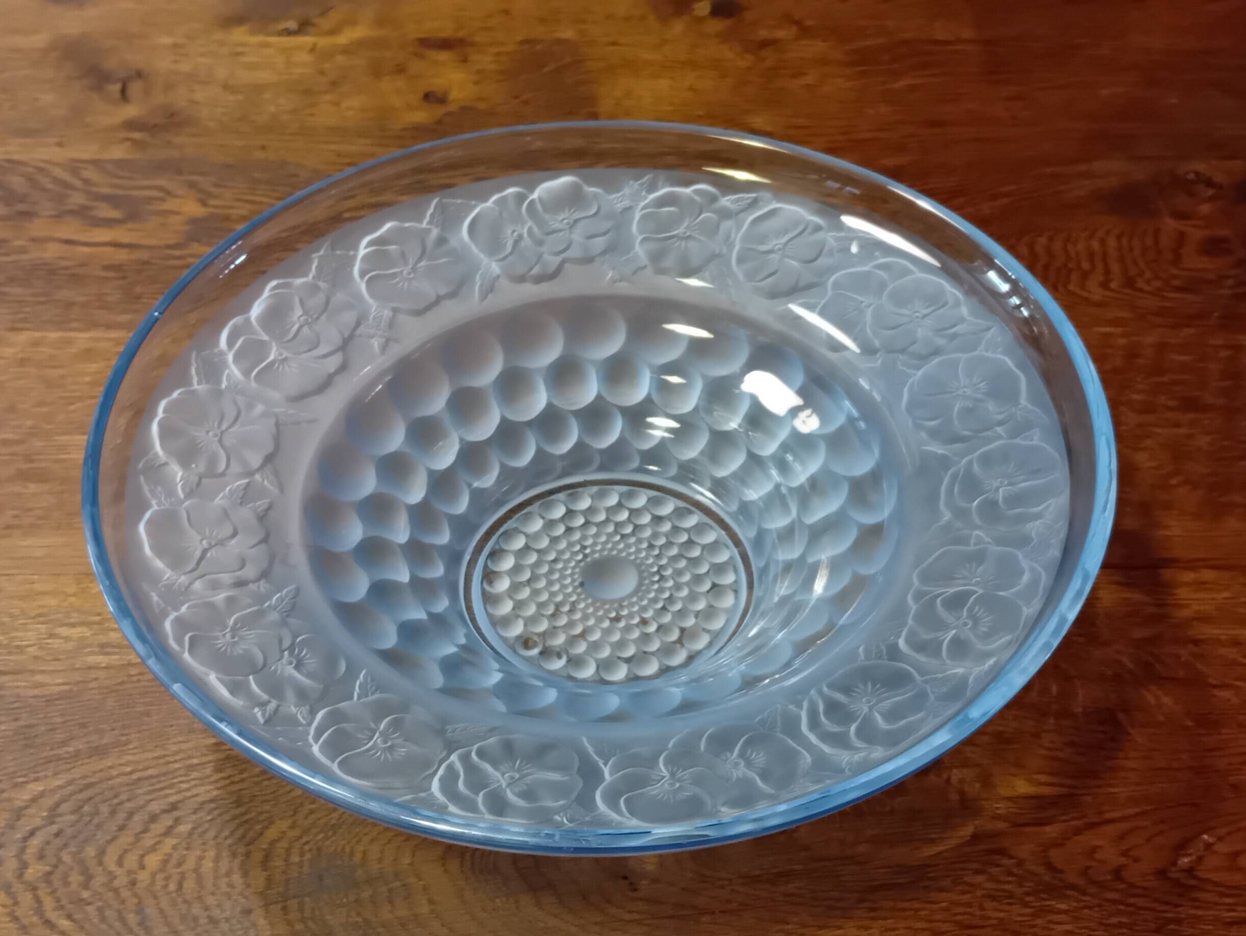 Art Deco blue glass centrepiece bowl with pansy decoration - 30 cm