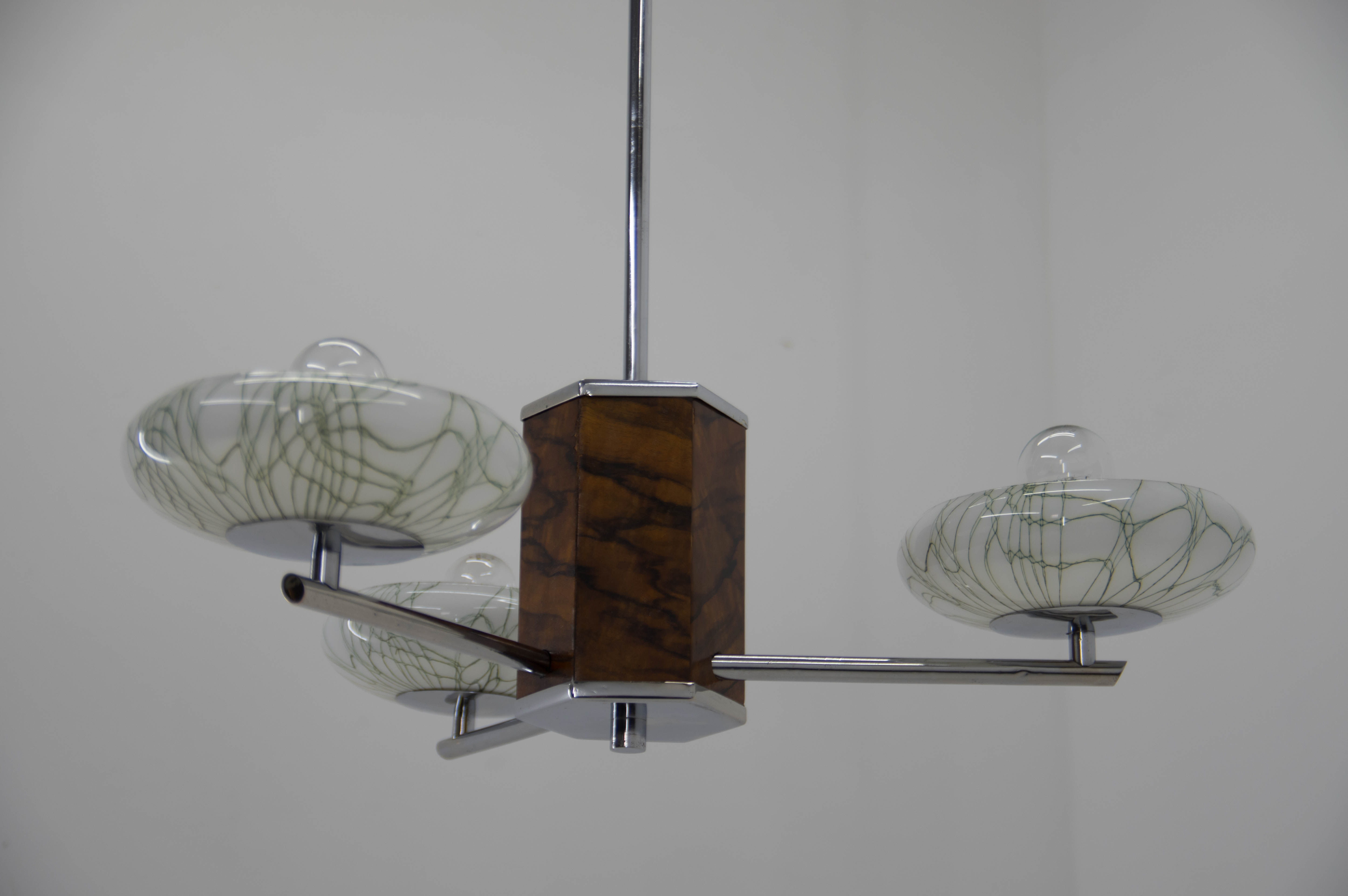 Art deco wood chrome and glass chandelier, 1940s, restored
