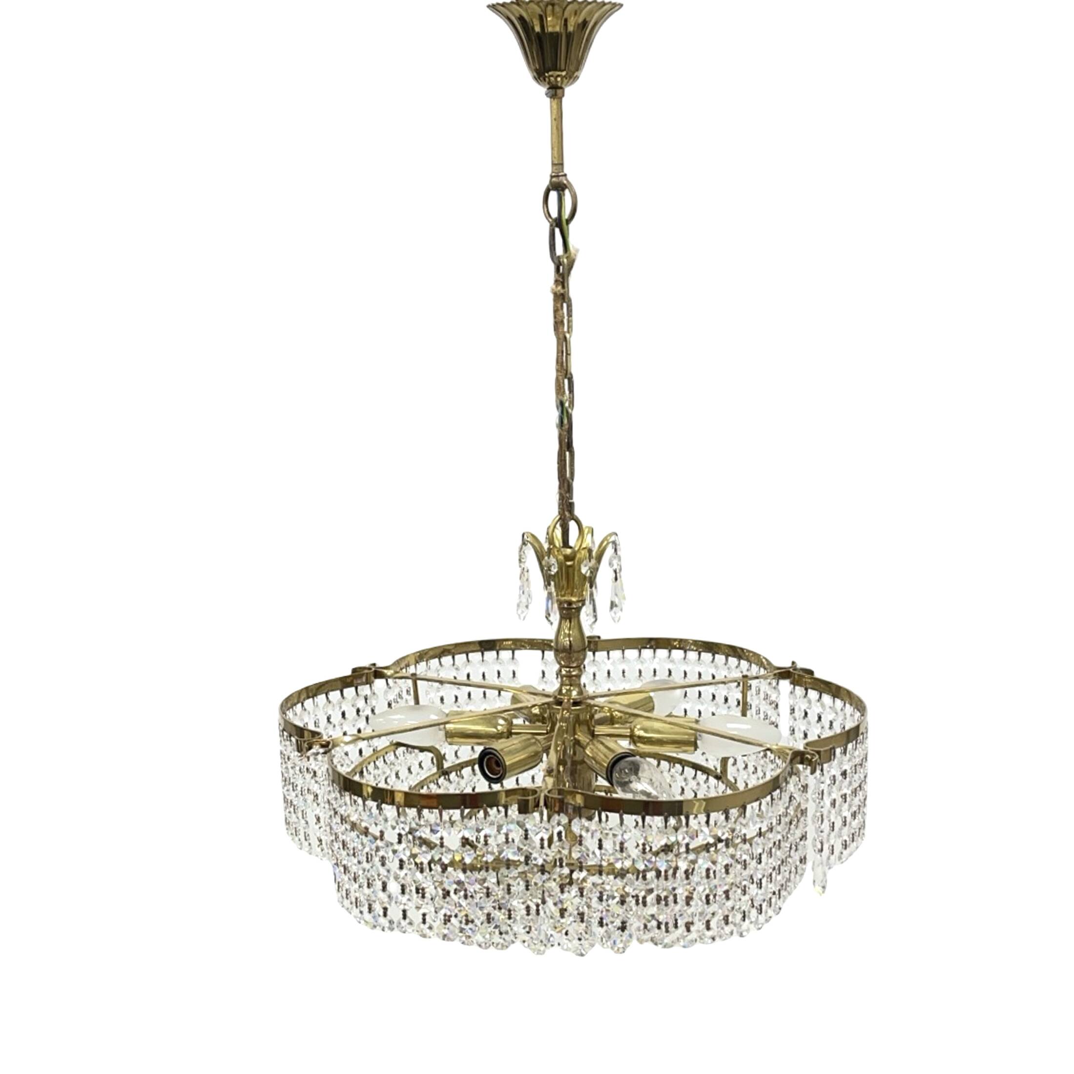 Vintage basket crystal chandelier Bakalowits & Söhne brass, Austria 1970s