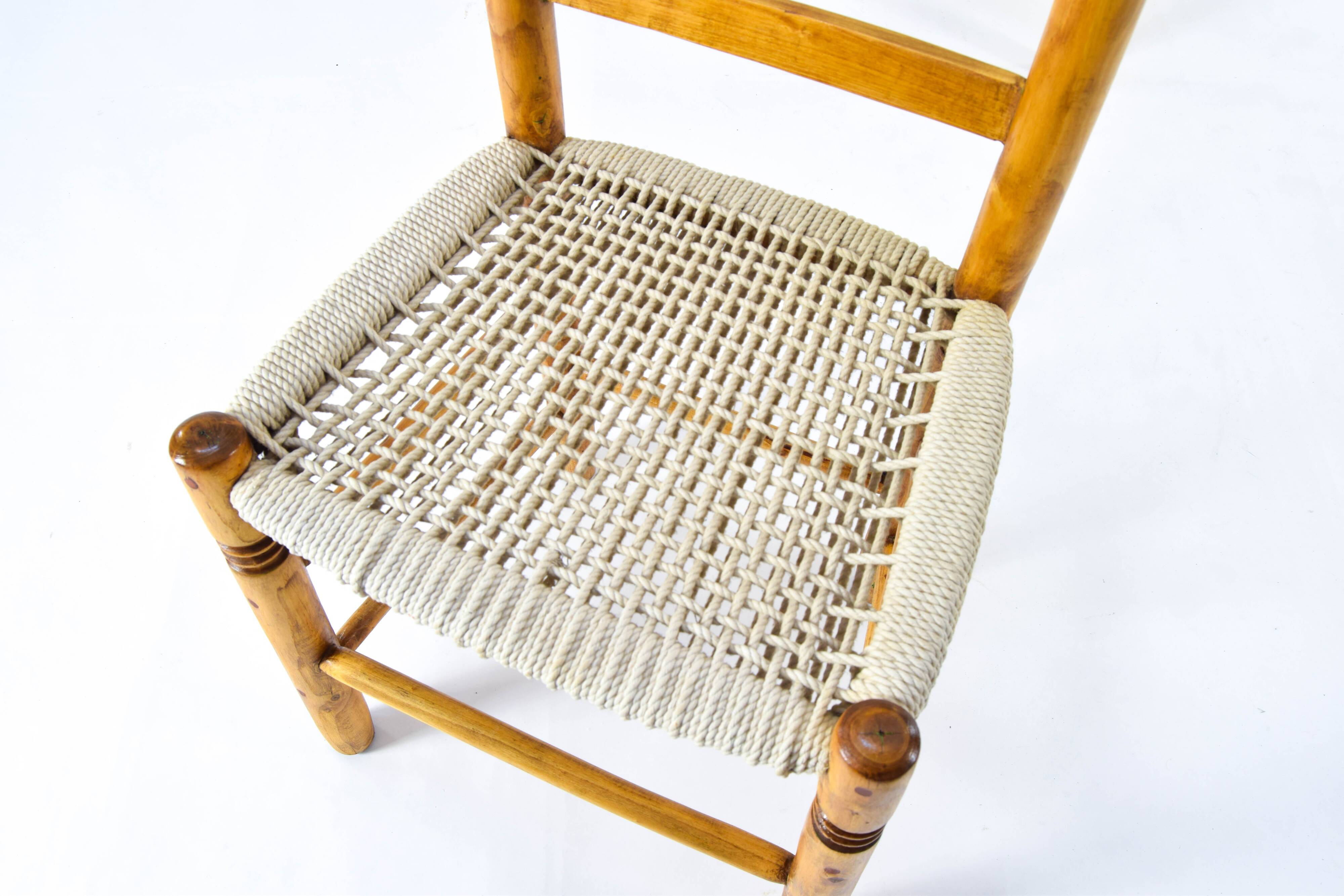 Antique low Traditional Andalusian Mediterranean Chairs made of Wood and Rope