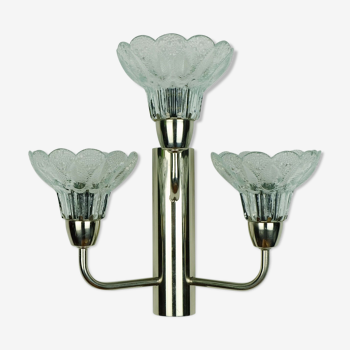 1970s 3-light sconce wall lamp glass blossom shades and chrome