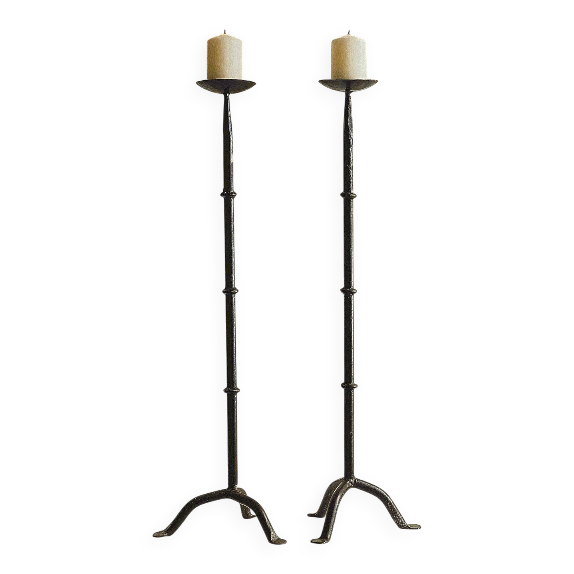 Pair of black cast iron floor candlesticks (candle holders)