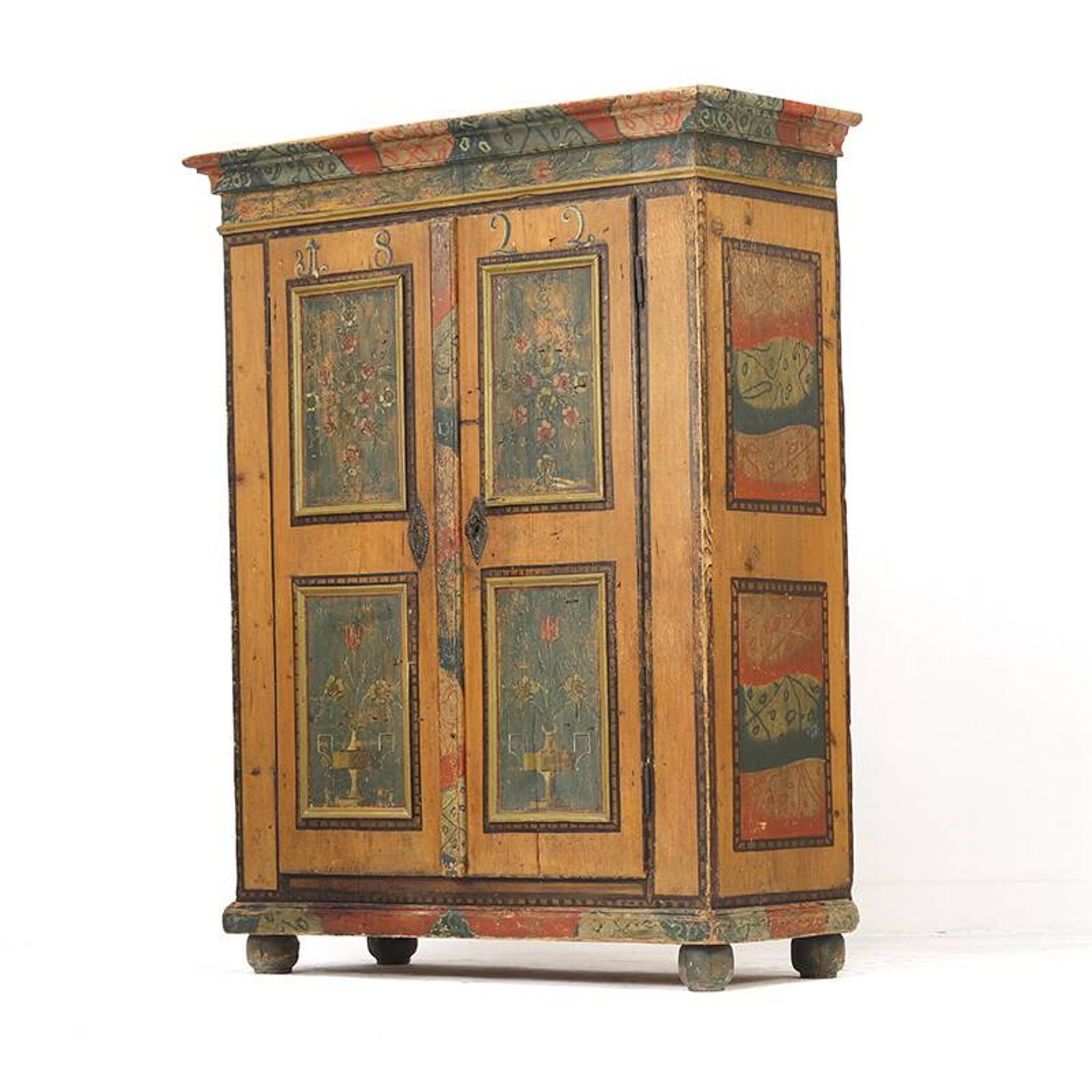 Antique Rustic Farmhouse Folk Art Painted Bridal Cabinet 1822