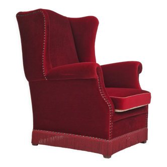 Fauteuil, design danois, velours rouge foncé