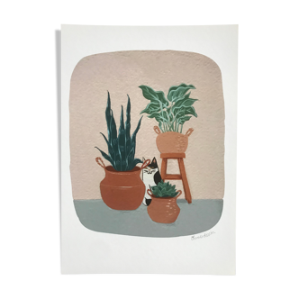 Reproduction of the gouache illustration "The cat and its plants"