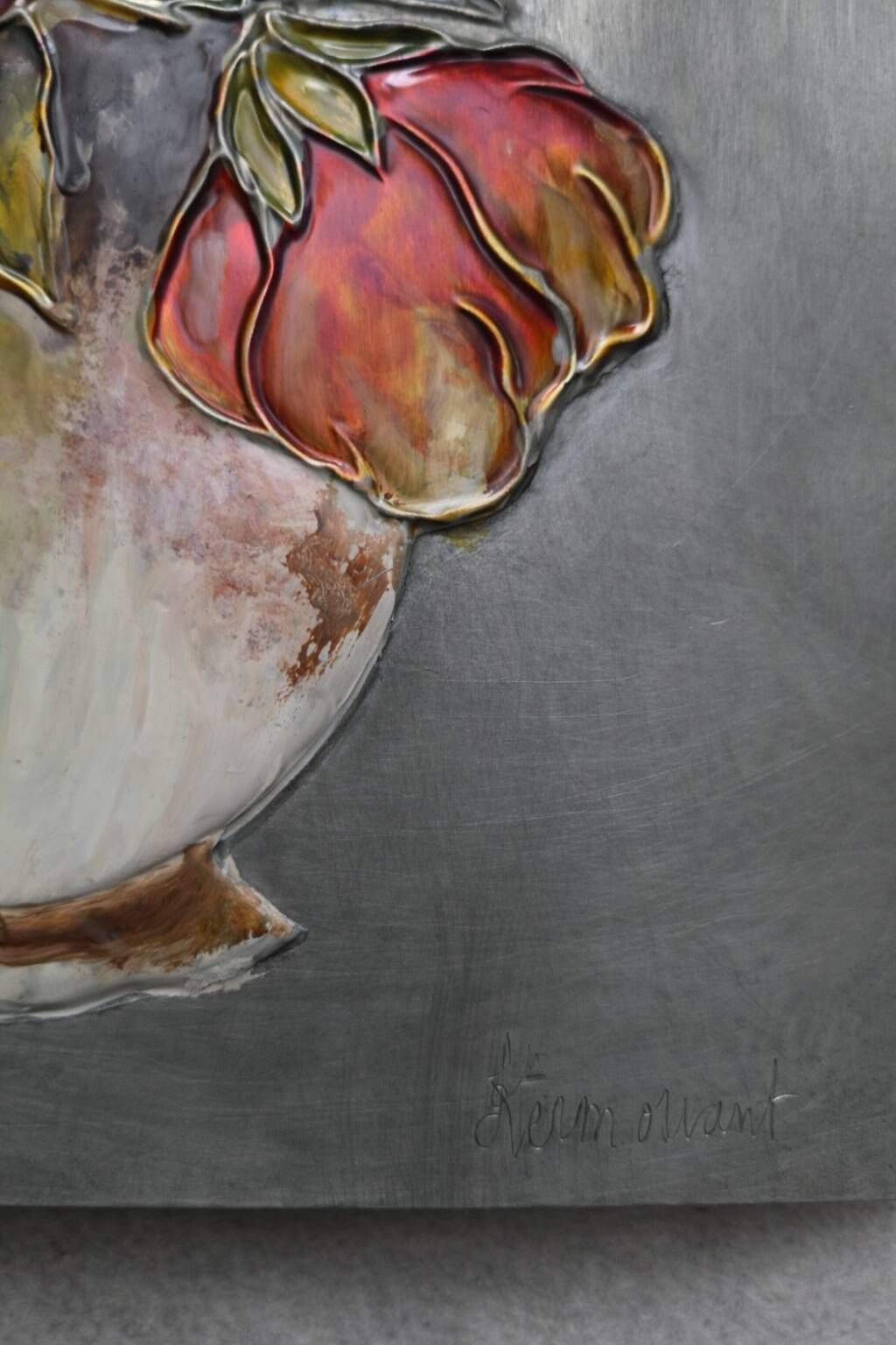 Floral relief panel in genuine tin