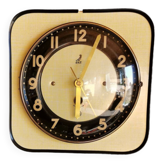 Vintage Formica clock square silent wall pendulum "Jaz yellow black"