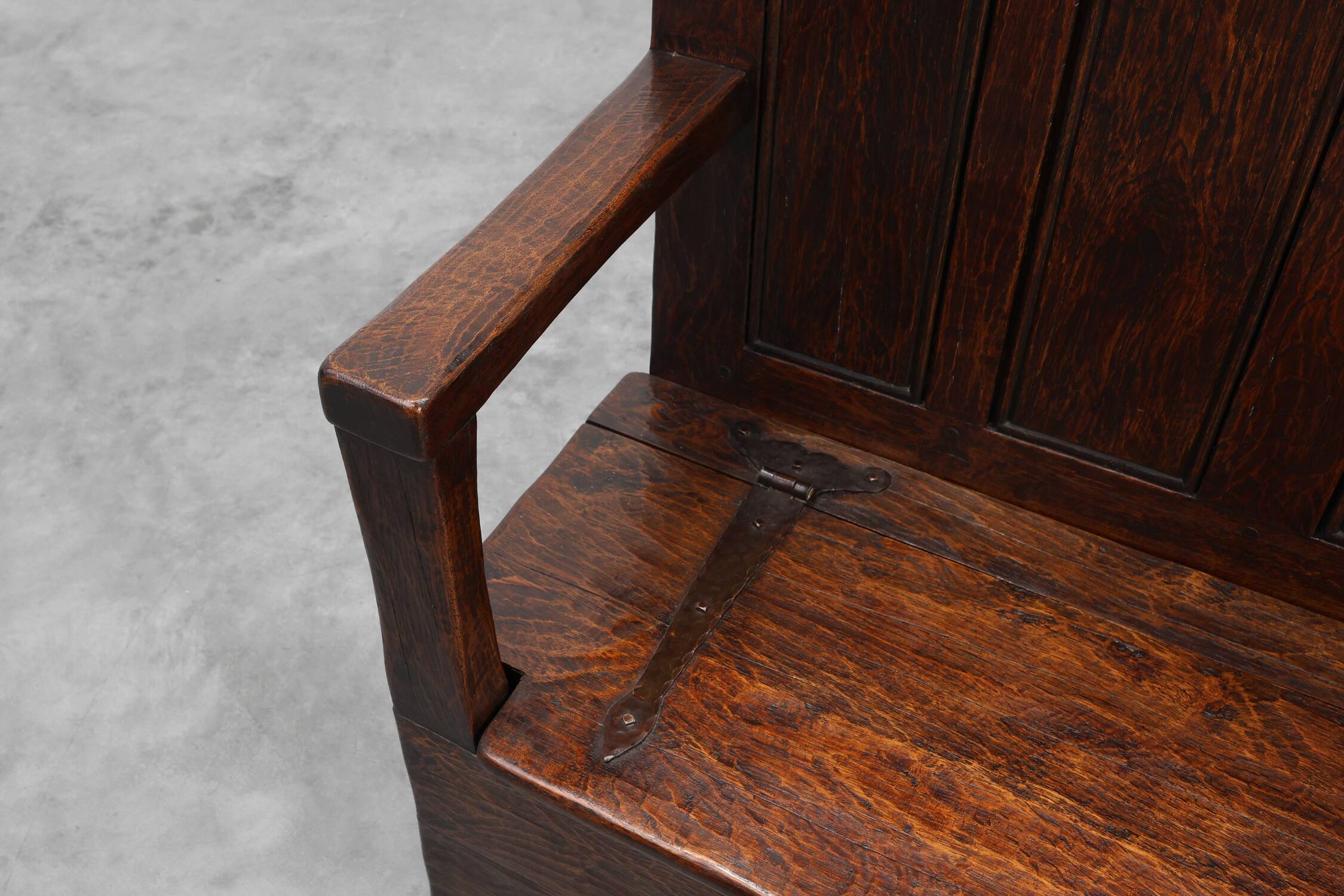 Rustic solid oak carved bench with storage compartment, France 19th century